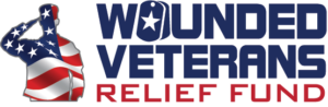 Wounded veterans relief fund logo featuring a saluting silhouette wrapped in the american flag, with bold blue and red typography.