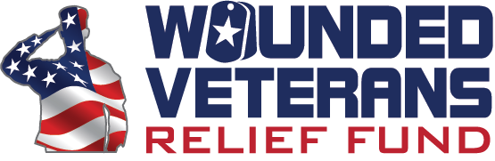 Wounded Veterans Relief Fund logo featuring a saluting silhouette wrapped in the American flag, with bold blue and red typography.