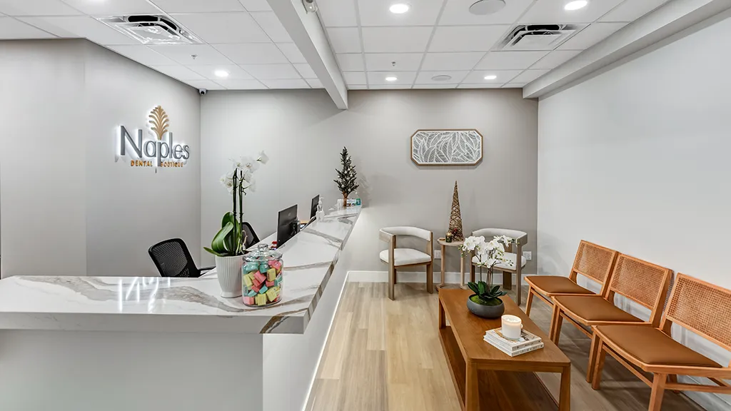 Reception and waiting area at naples dental boutique in naples, florida.