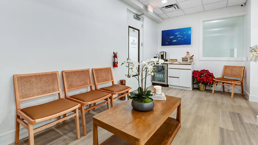 Comfortable waiting area at naples dental boutique with modern seating and calming décor.