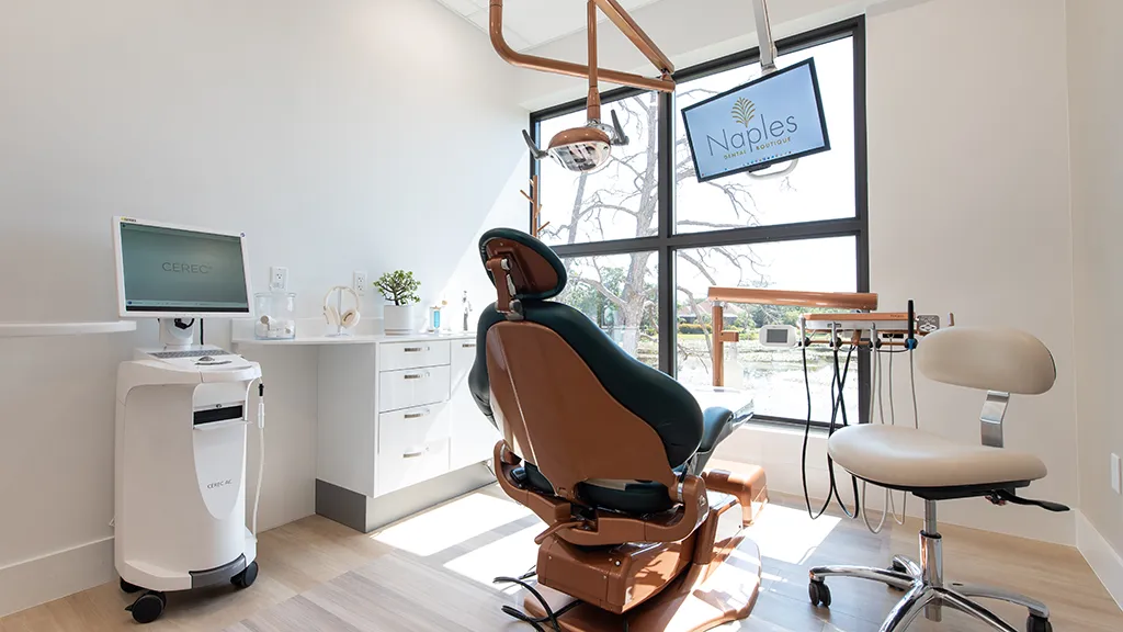 Modern naples dental boutique treatment room with cerec same-day crown technology